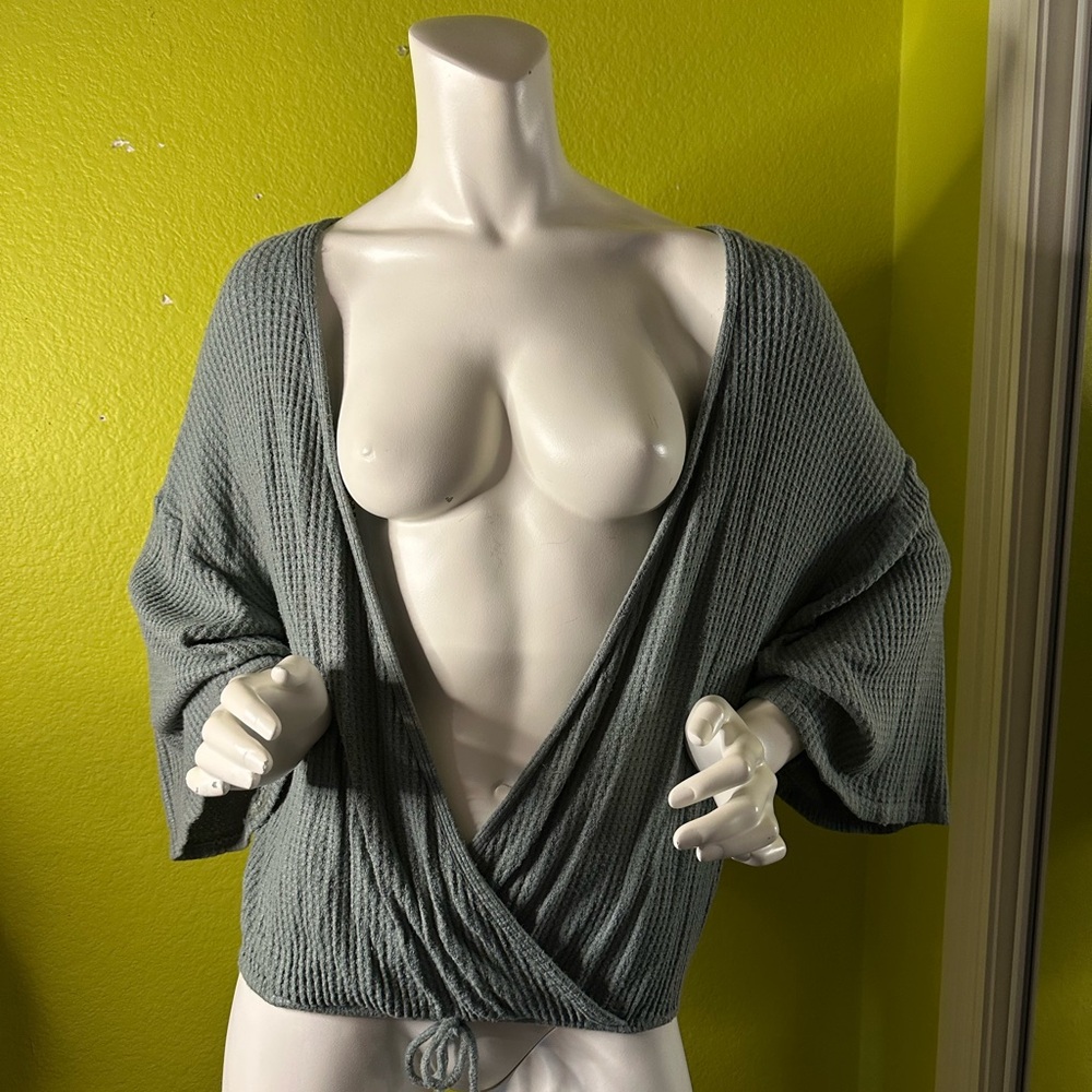 Fashionnova Blue Open Deep V-neck Bellsleeve Blouse